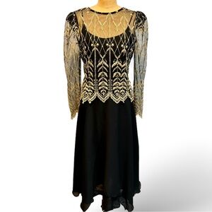 VINTAGE 80s evening gown gold embroidery illusion sheer sleeves midi fancy dress